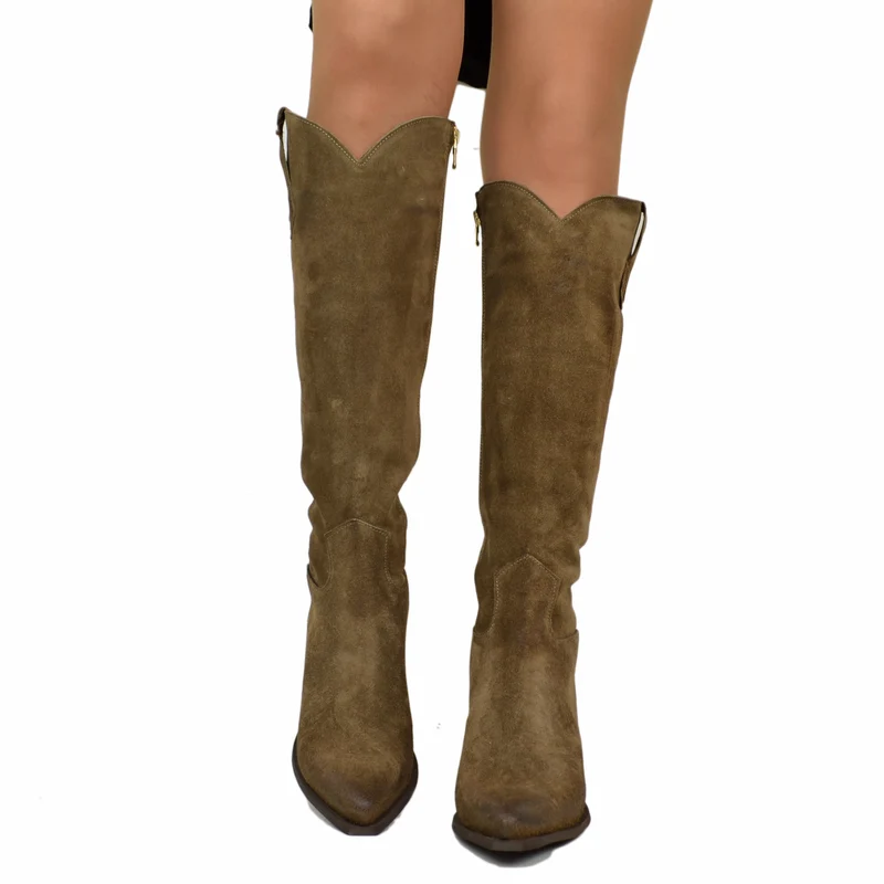 Stivali Texani Alti Eleganti con Zip Gambale Aderente Tacco 8 Cm Camoscio Taupe