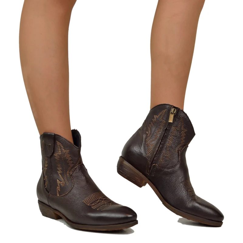 Stivaletti Donna Texani in Pelle Testa di Moro Effetto Used Made in Italy