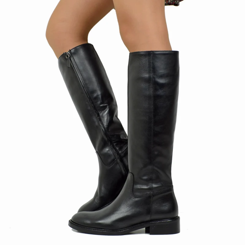 Stivali Donna Cavallerizza Neri in Pelle con Zip