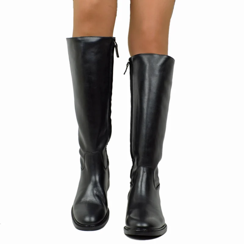 Stivali Donna Cavallerizza Neri in Pelle con Zip