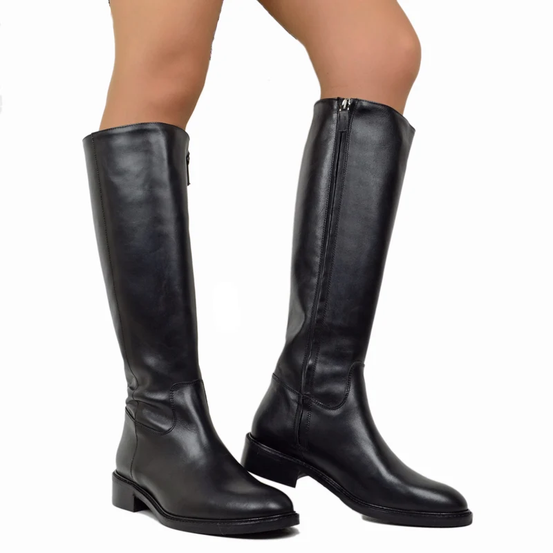 Stivali Donna Cavallerizza Neri in Pelle con Zip