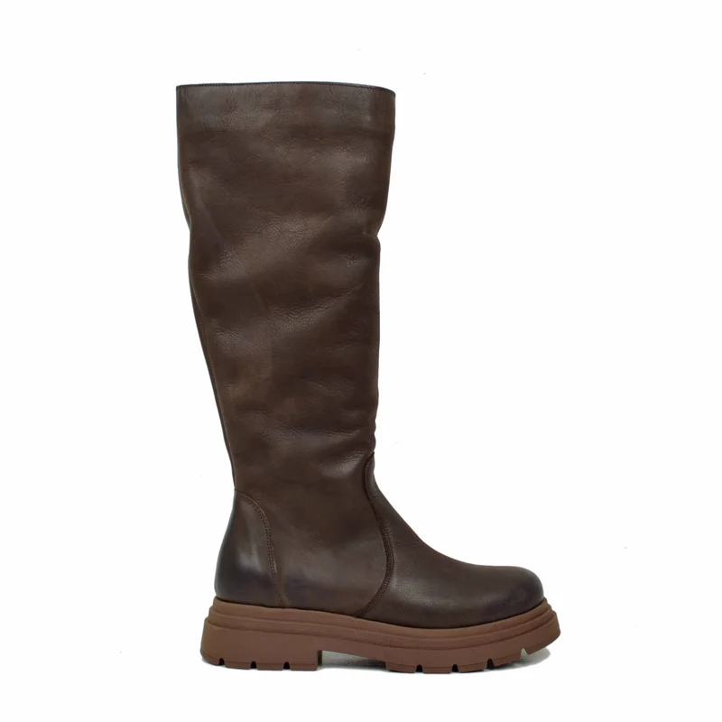 Biker Boots Platform Alti Gambale Aderente con Zip Pelle Marroni