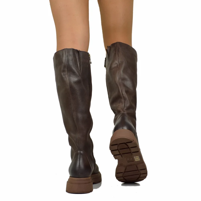 Biker Boots Platform Alti Gambale Aderente con Zip Pelle Marroni