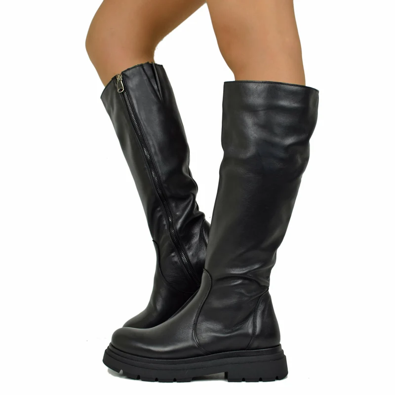 Biker Boots Platform Alti Gambale Aderente con Zip Pelle Nera