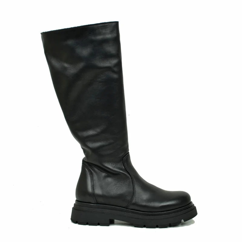Biker Boots Platform Alti Gambale Aderente con Zip Pelle Nera