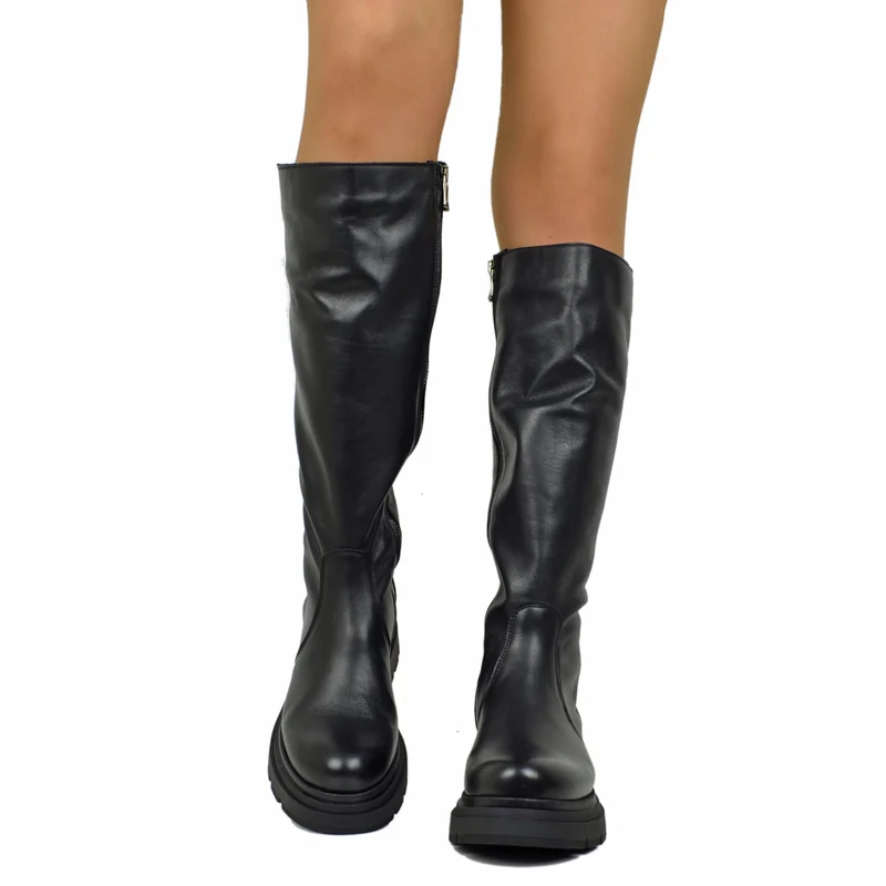 Biker Boots Platform Alti Gambale Aderente con Zip Pelle Nera