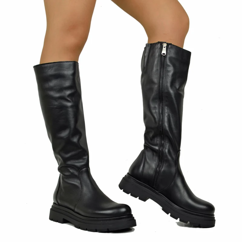 Biker Boots Platform Alti Gambale Aderente con Zip Pelle Nera