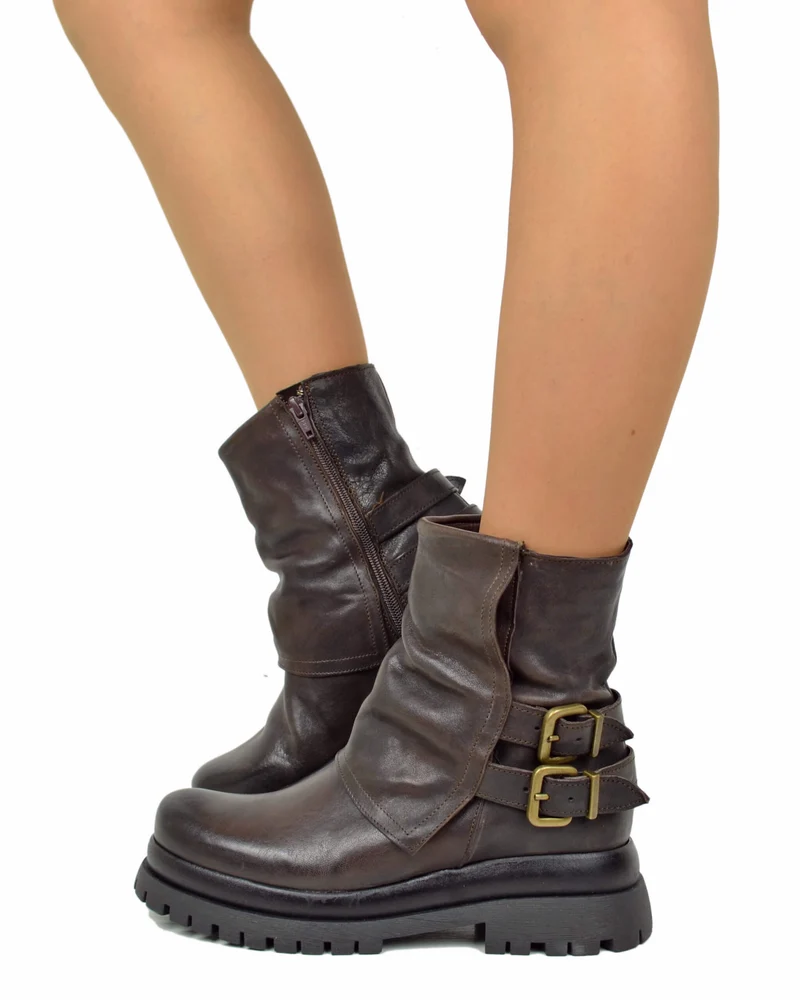 Biker Boots Platform con Ghetta e Zip Laterale Vera Pelle Marrone