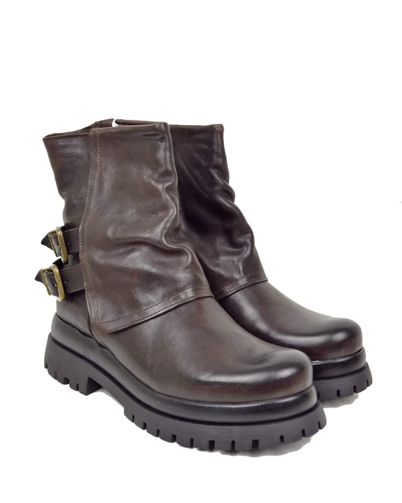 Biker Boots Platform con Ghetta e Zip Laterale Vera Pelle Marrone