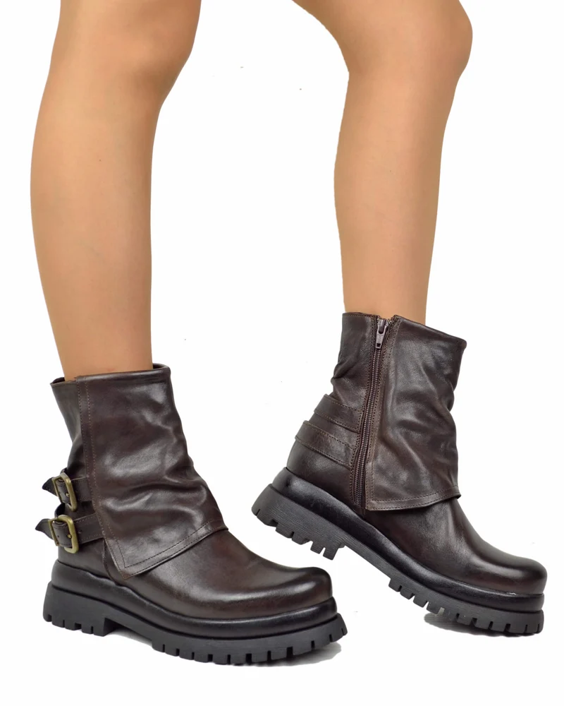 Biker Boots Platform con Ghetta e Zip Laterale Vera Pelle Marrone