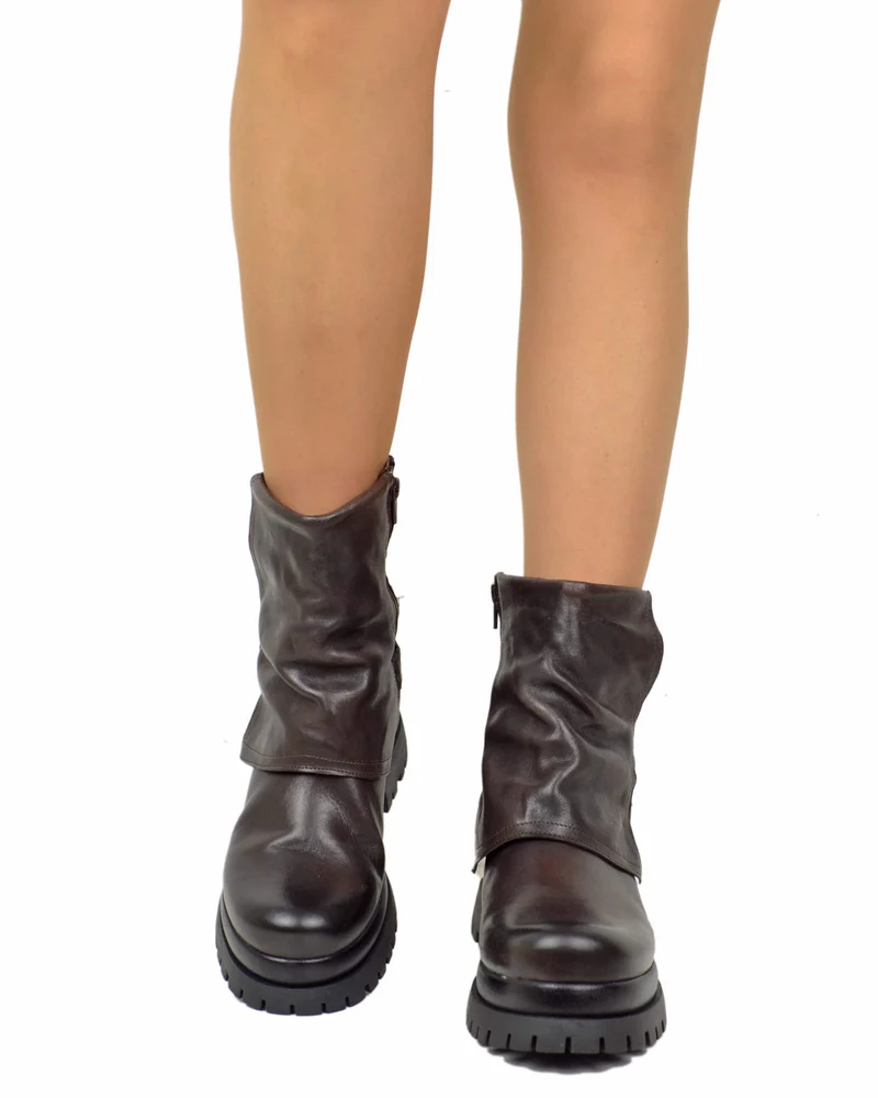 Biker Boots Platform con Ghetta e Zip Laterale Vera Pelle Marrone