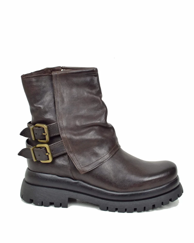 Biker Boots Platform con Ghetta e Zip Laterale Vera Pelle Marrone