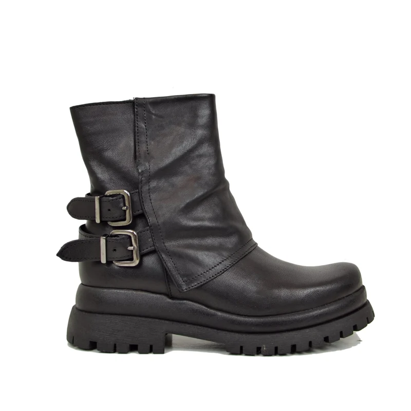 Biker Boots Platform con Ghetta e Zip Laterale Vera Pelle Neri
