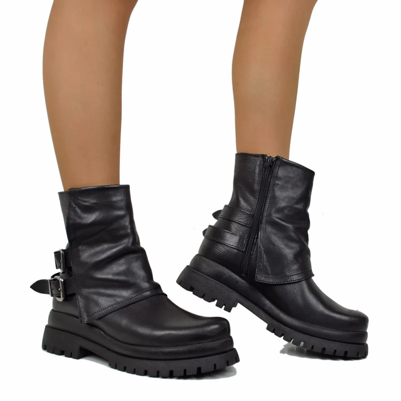 Biker Boots Platform con Ghetta e Zip Laterale Vera Pelle Neri