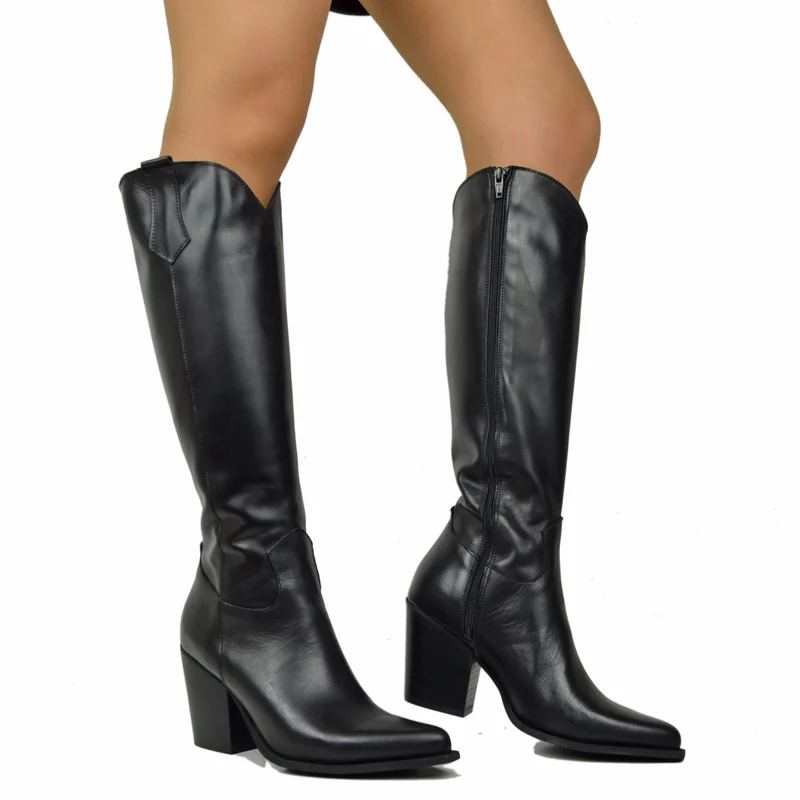 Stivali Texani Alti Eleganti con Zip Gambale Aderente Tacco 8 Cm Vera Pelle