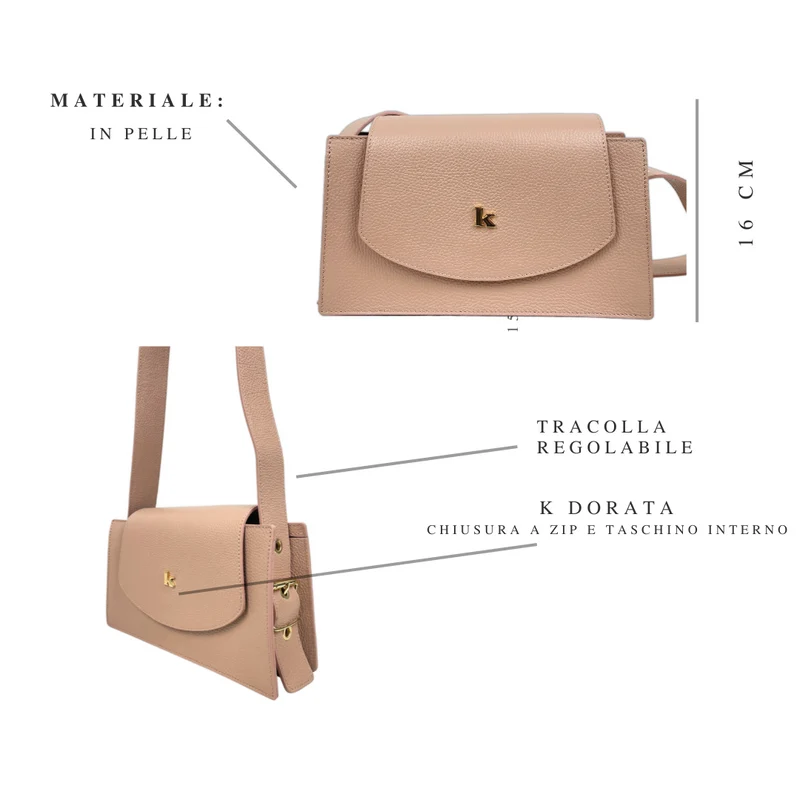 Borsa con Tracolla Regolabile in Pelle Rosa con Borchia "K" Made in Italy