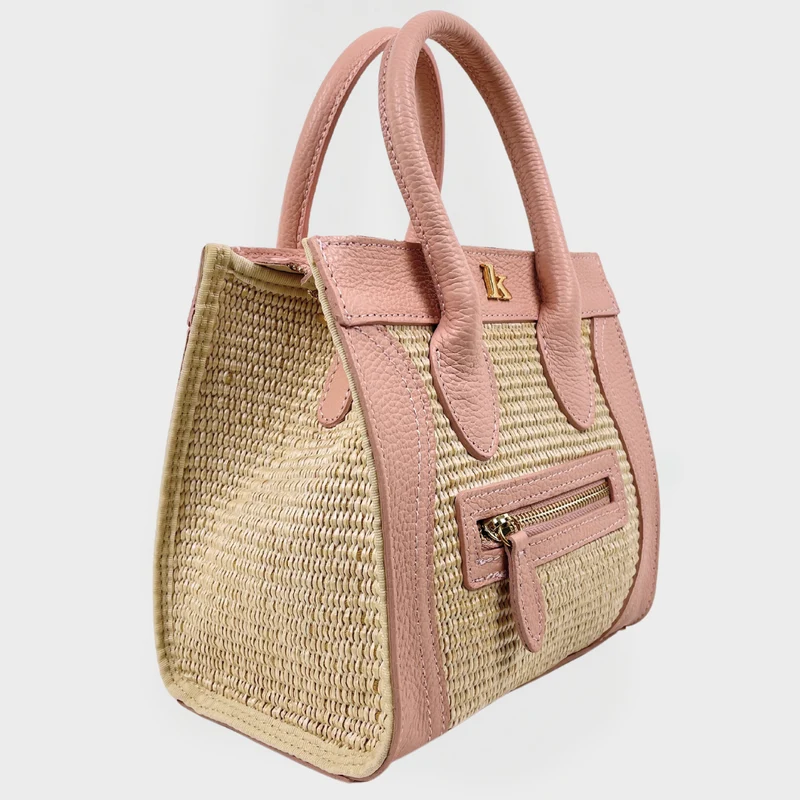 Borsa a Mano in Rafia e in Pelle Rosa con Taschino Anteriore