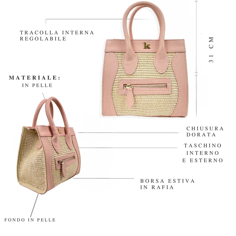Borsa a Mano in Rafia e in Pelle Rosa con Taschino Anteriore