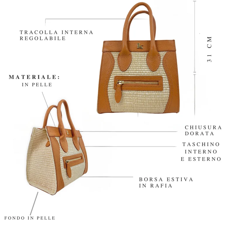 Borsa a Mano in Rafia e Pelle Marrone con Taschino Anteriore