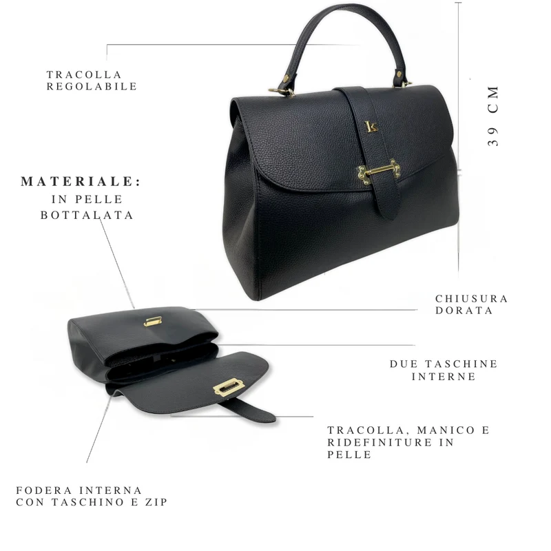 Borsa a Mano Baule Grande Capiente in Pelle Nera