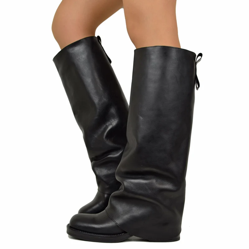 Biker con Ghetta Punta Quadrata Super-High Vera Pelle Nero
