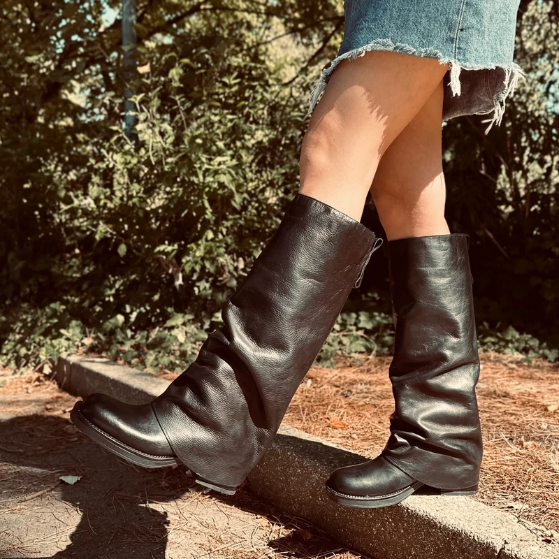 Biker con Ghetta Punta Quadrata Super-High Vera Pelle Nero
