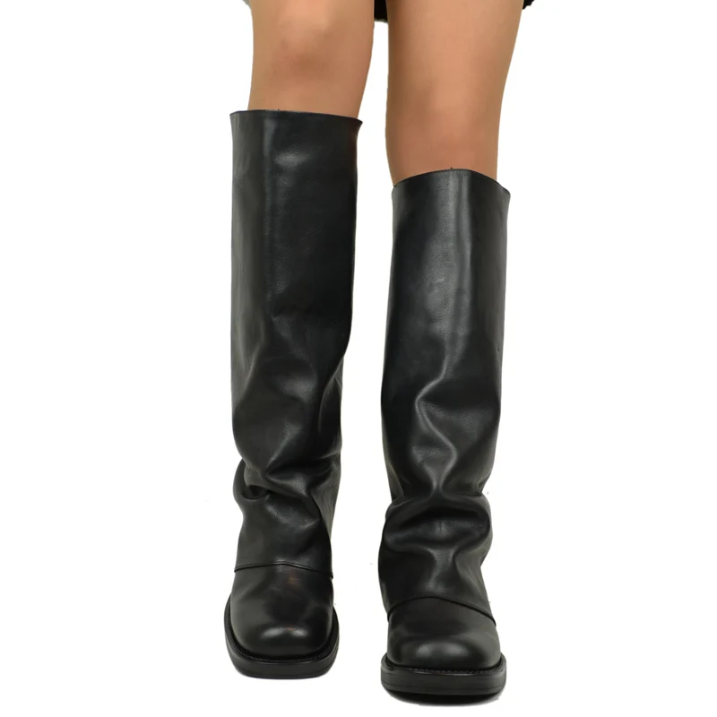 Biker con Ghetta Punta Quadrata Super-High Vera Pelle Nero