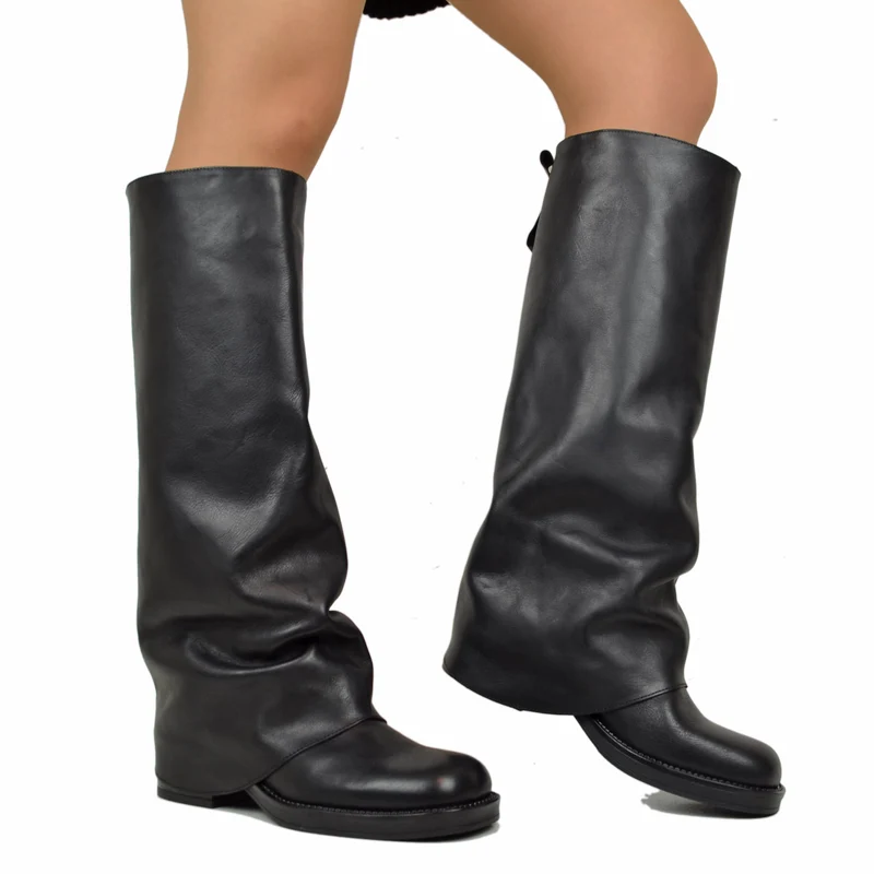Biker con Ghetta Punta Quadrata Super-High Vera Pelle Nero