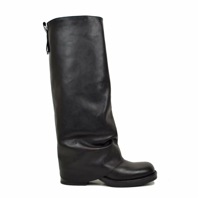 Biker con Ghetta Punta Quadrata Super-High Vera Pelle Nero