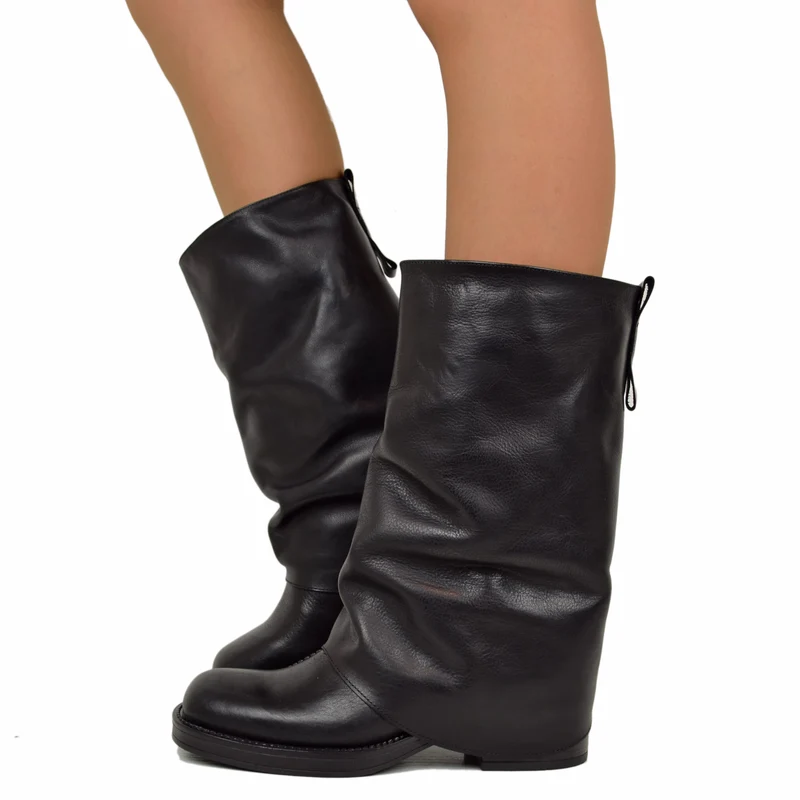 Biker con Ghetta Punta Quadrata Mid-High Vera Pelle Nero