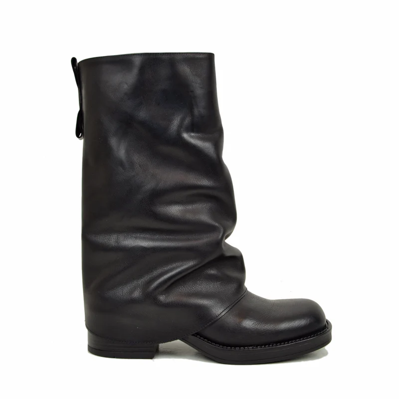 Biker con Ghetta Punta Quadrata Mid-High Vera Pelle Nero