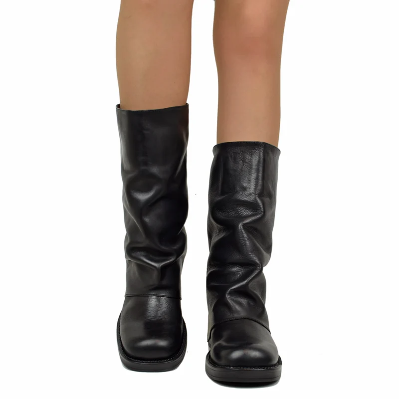 Biker con Ghetta Punta Quadrata Mid-High Vera Pelle Nero