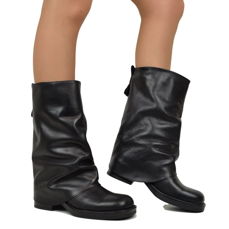Biker con Ghetta Punta Quadrata Mid-High Vera Pelle Nero