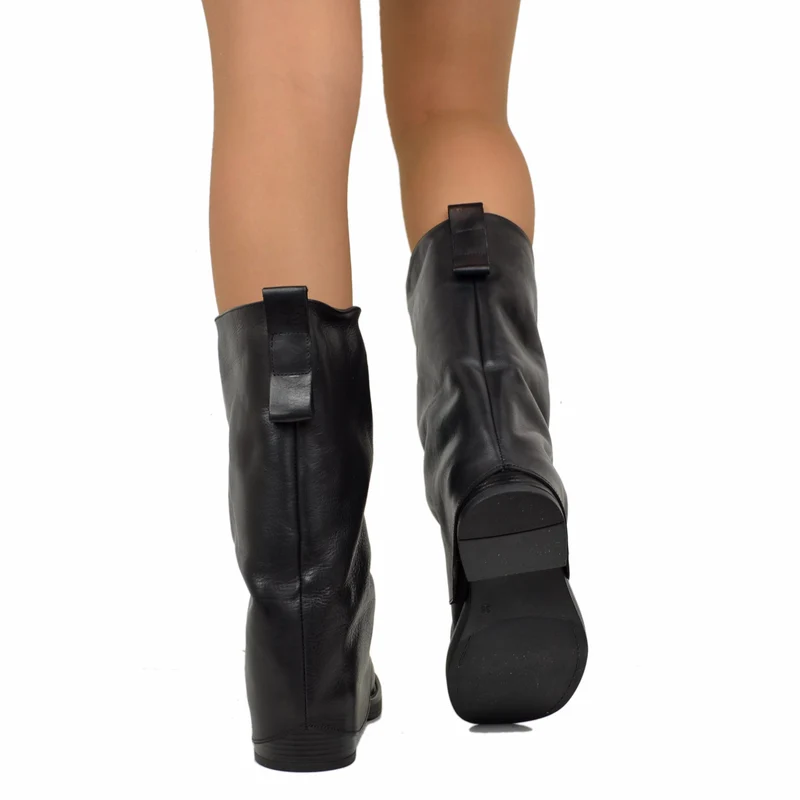 Biker con Ghetta Punta Quadrata Mid-High Vera Pelle Nero