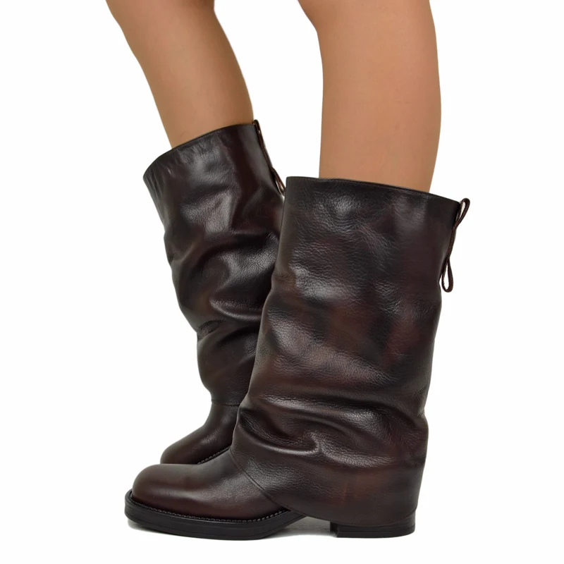 Biker con Ghetta Punta Quadrata Mid-High Vera Pelle Testa di Moro