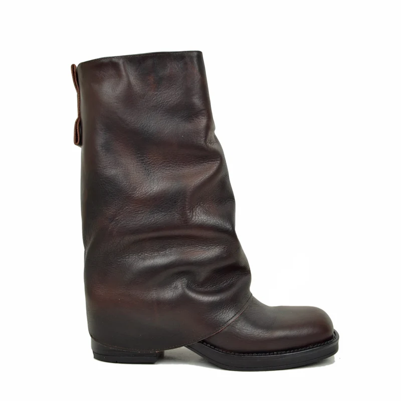 Biker con Ghetta Punta Quadrata Mid-High Vera Pelle Testa di Moro