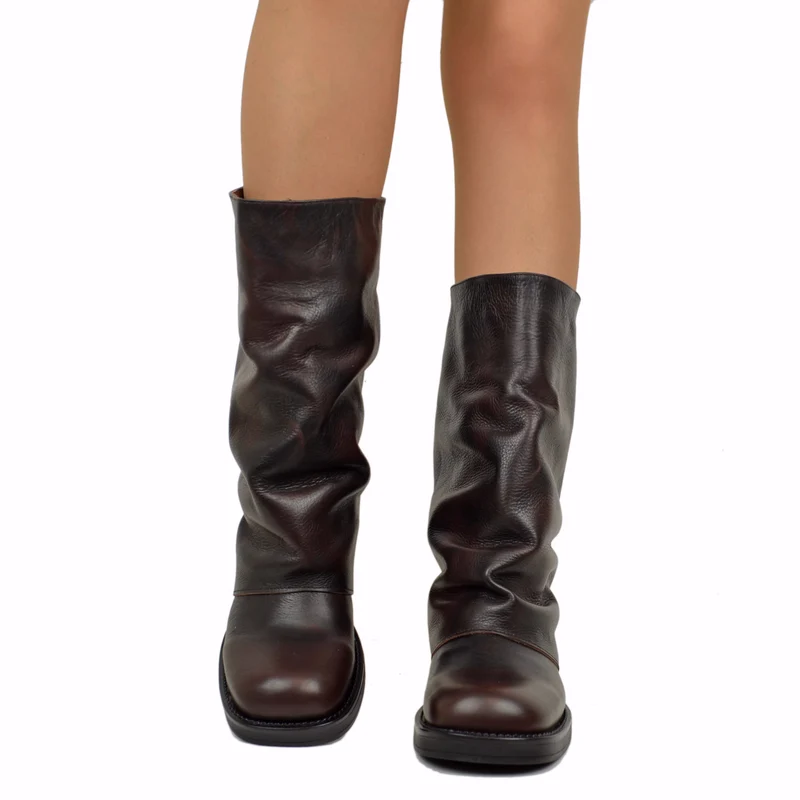 Biker con Ghetta Punta Quadrata Mid-High Vera Pelle Testa di Moro