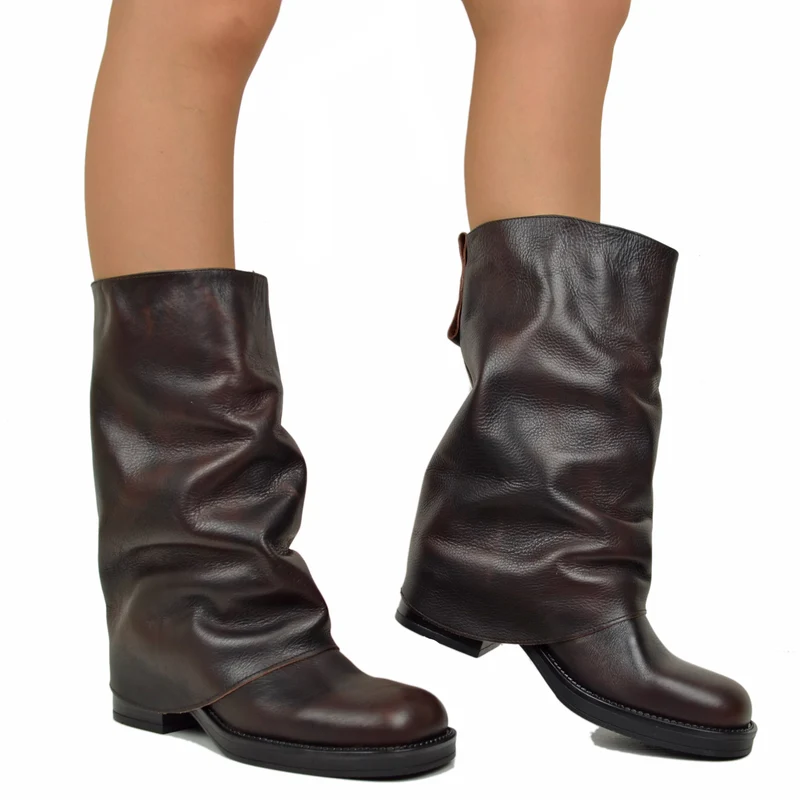 Biker con Ghetta Punta Quadrata Mid-High Vera Pelle Testa di Moro
