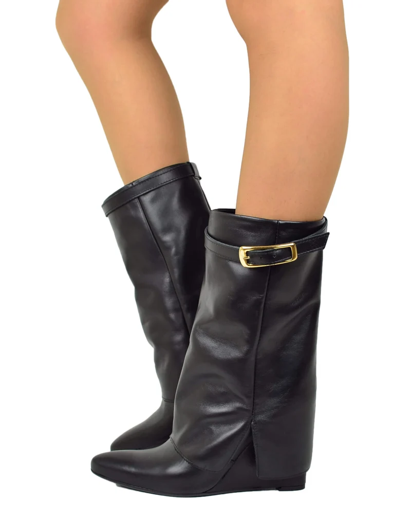Stivaletti con Ghetta e Fibbia Dorata Zeppa Alta 9 Cm VERA PELLE