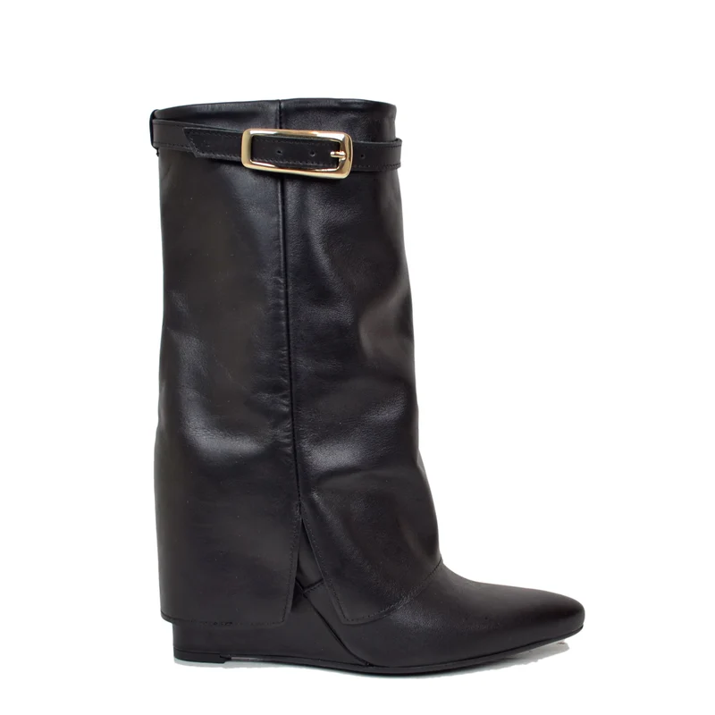 Stivaletti con Ghetta e Fibbia Dorata Zeppa Alta 9 Cm VERA PELLE