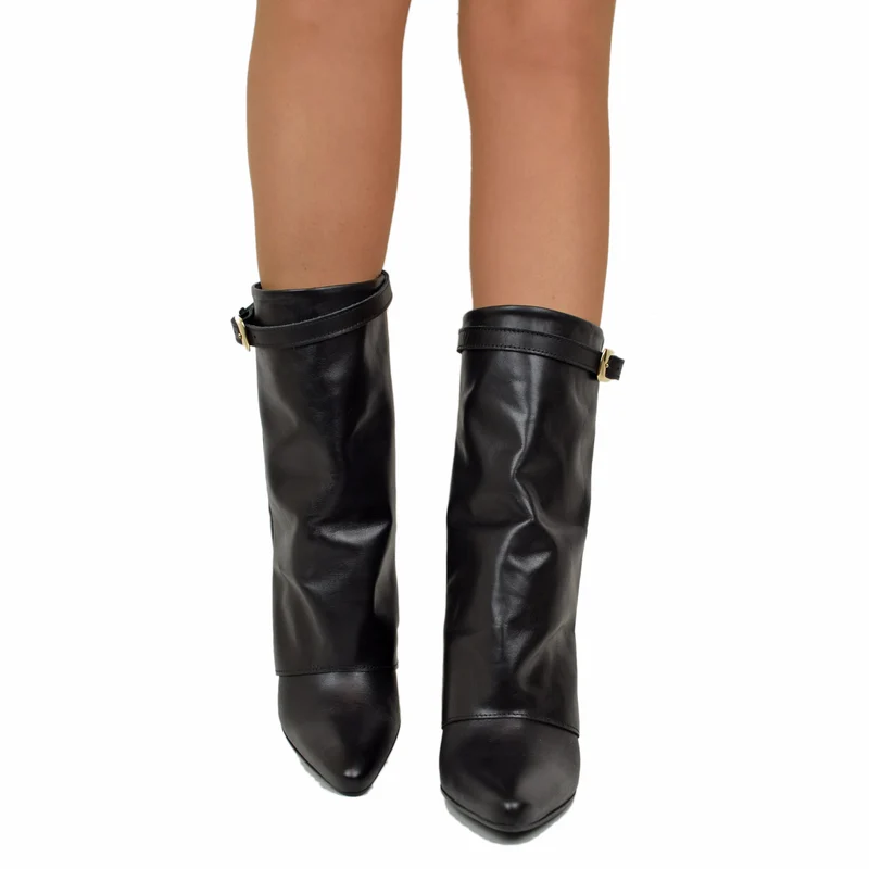 Stivaletti con Ghetta e Fibbia Dorata Zeppa Alta 9 Cm VERA PELLE