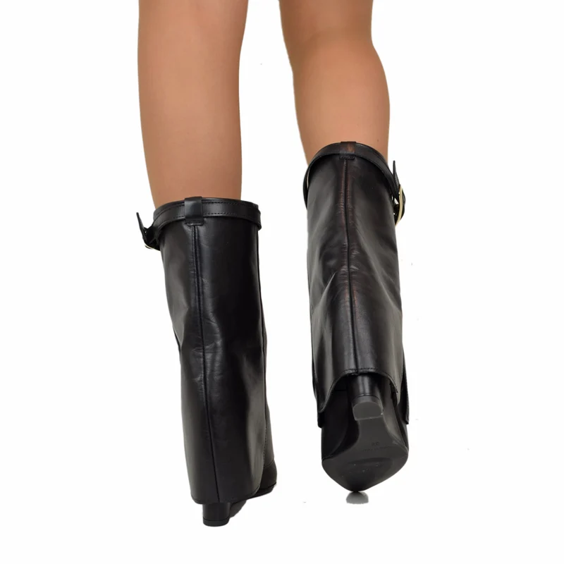 Stivaletti con Ghetta e Fibbia Dorata Zeppa Alta 9 Cm VERA PELLE