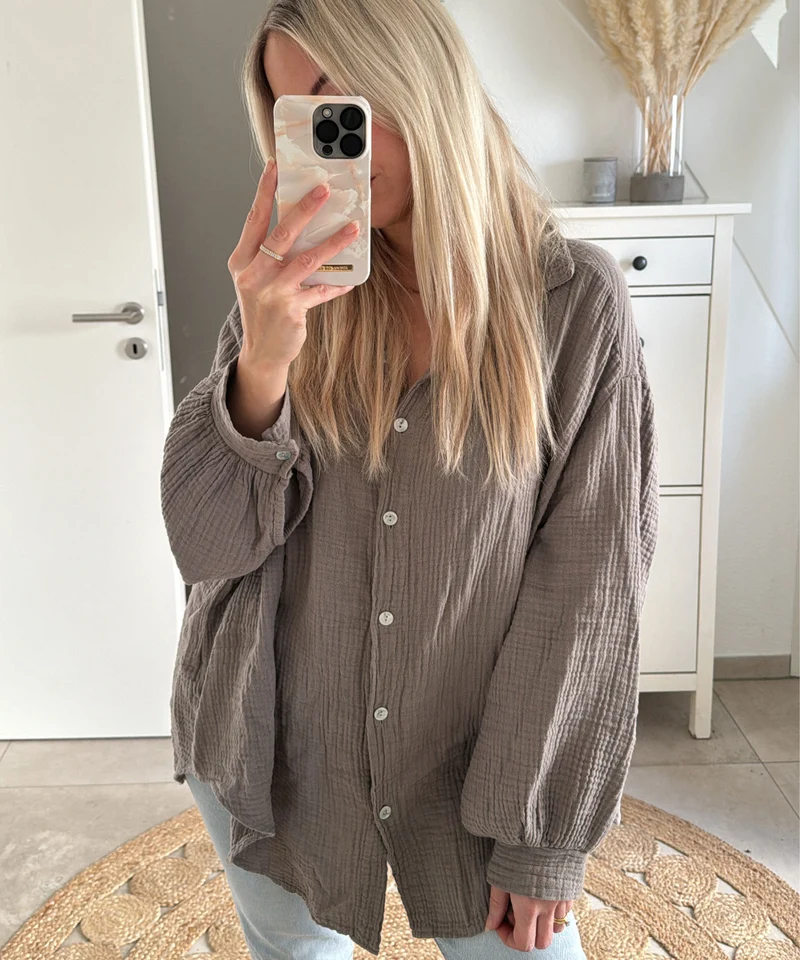 Oversize Musselin Bluse Freya Taupe Kurz