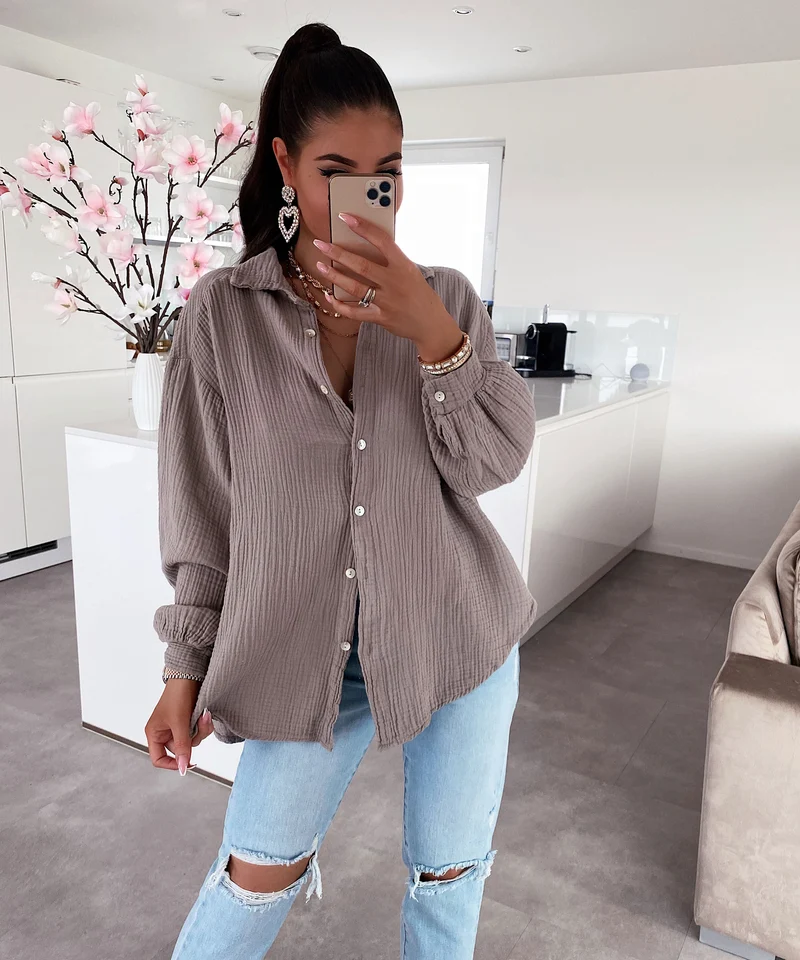 Oversize Musselin Bluse Freya Taupe Kurz