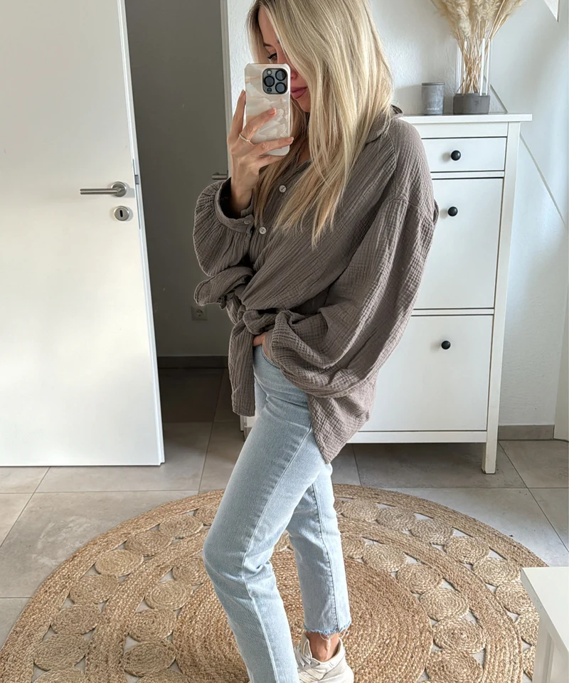 Oversize Musselin Bluse Freya Taupe Kurz