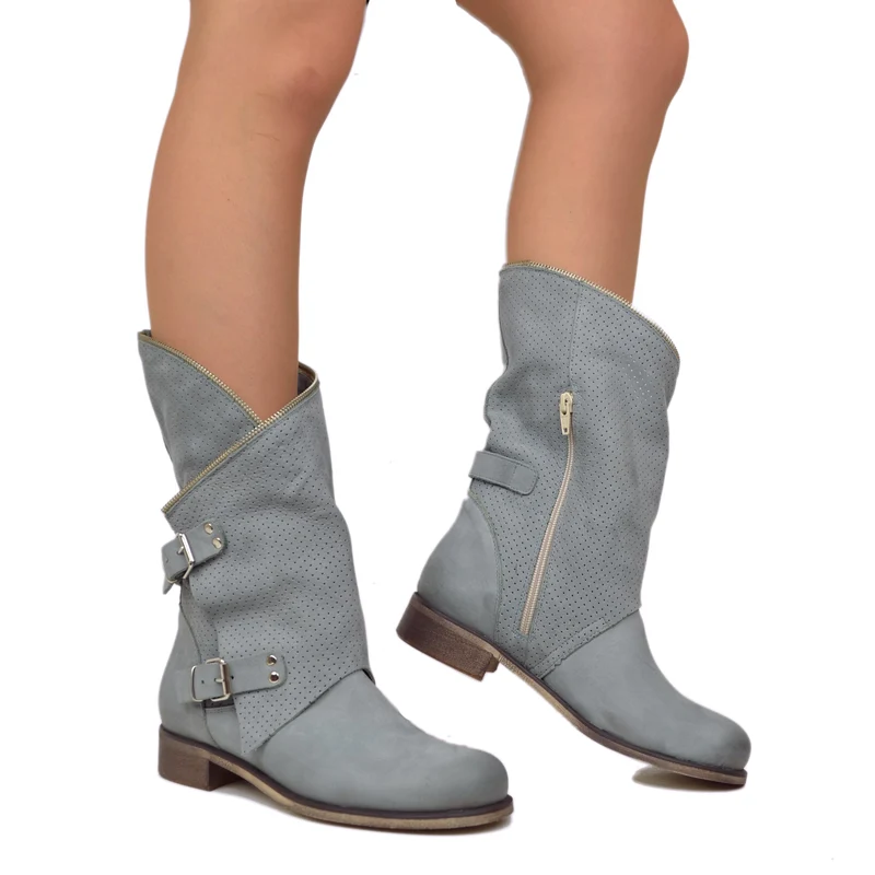 Stivali Donna Grigio Perla Traforati Biker con Fibbie in Pelle Nabuk