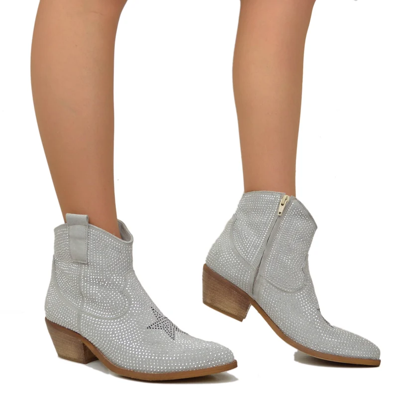 Texanini Tempestati di Strass con Stella Zip Laterale Grigio Perla