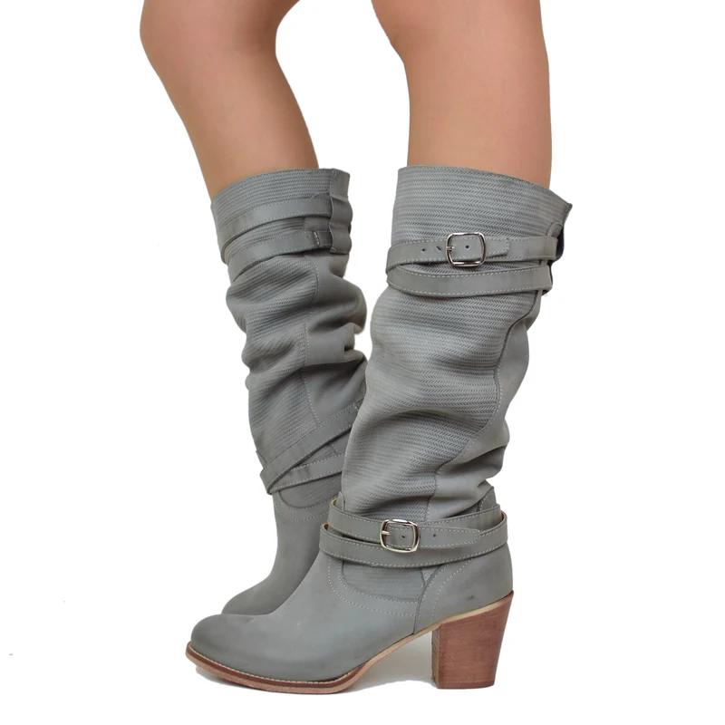Stivali Donna in Pelle Nabuk Zigrinata Grigio Made in Italy