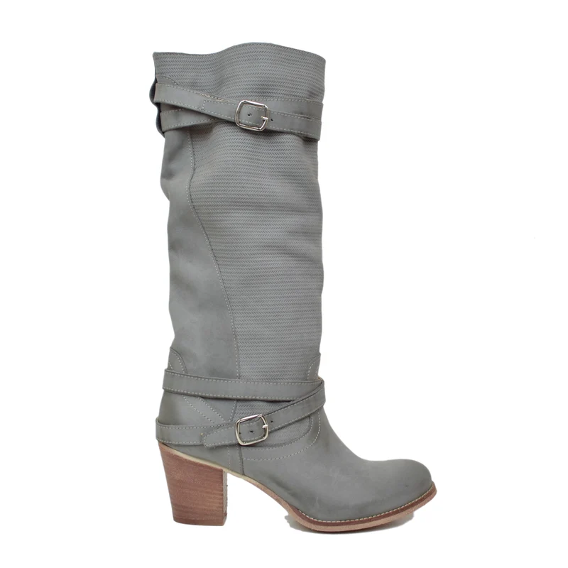 Stivali Donna in Pelle Nabuk Zigrinata Grigio Made in Italy