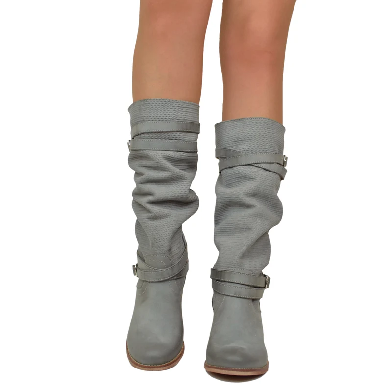 Stivali Donna in Pelle Nabuk Zigrinata Grigio Made in Italy